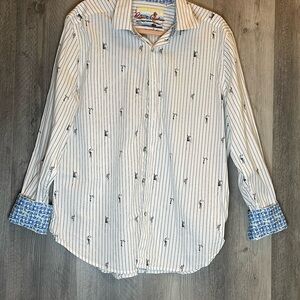 Robert Graham Runaway Train Classic White Striped Shirt with Blue Details